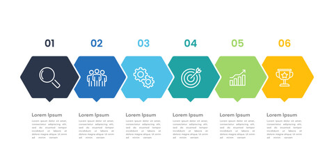 Business infographic template process with six element for presentation. marketing, planning, timeline and annual report. Vector illustration.