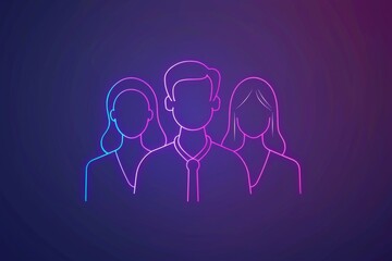 Minimalist neon outline of three people in blue and purple hues symbolizing connection and unity vibrant vector illustration