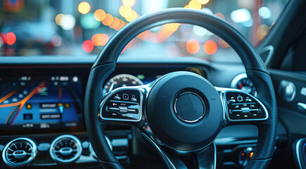 Wall Mural - Close-up view of modern car dashboard and steering wheel. Electronic vehicle monitoring and control system with a full range of navigation, security systems and computer diagnostics. Generative AI.