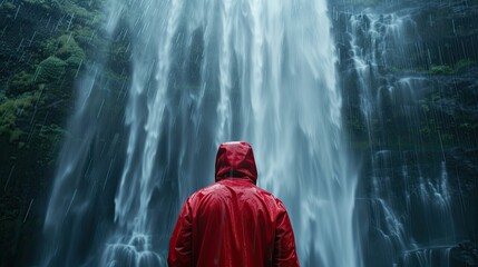 Wall Mural - A woman in a red sweater and red hat stands looking at the foggy 