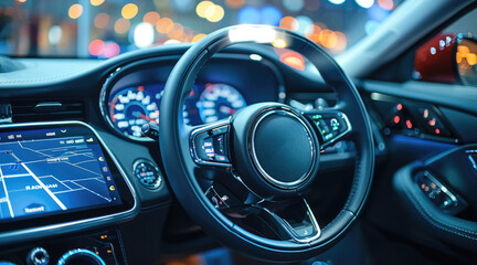 Poster - Close-up view of modern car dashboard and steering wheel. Electronic vehicle monitoring and control system with a full range of navigation, security systems and computer diagnostics. Generative AI.