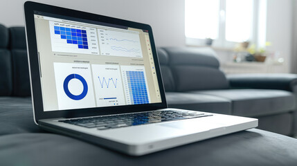 Leinwandbilder - Laptop with dashboard on the screen, sitting in front of grey couch, background is white and bright living room, blue graph and pie chart visible on laptop screen. Generative AI.
