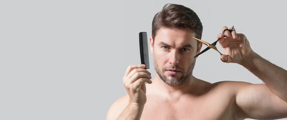 Banner of men hairstyle, haircut. Guy with scissors. Mens haircare, beauty barber concept. Portrait of unshaven man, with scissors. Man cut hair with scissors. Hair styling and cut with scissors.