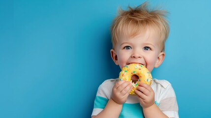 Wall Mural - A young boy is holding a doughnut in his hand and smiling. Concept of innocence and joy, as the child enjoys a simple pleasure in life