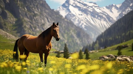 Sticker - a horse graze on a mountain field on the background of high mountains.