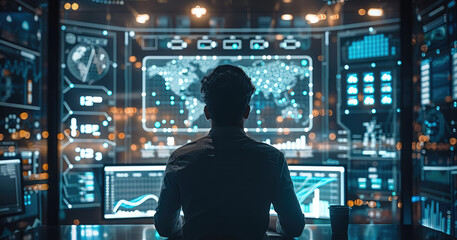 Poster - Man in Internet office, Future technology, 5G technology, technology-based mobile interface, information technology, data chart. Generative AI.