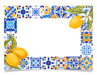 Frame with blue tiles and lemon branches, vector.