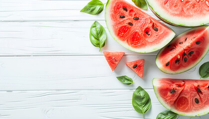 Wall Mural - Fresh sliced watermelon on white wooden background