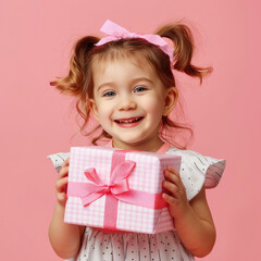 Poster - cute little girl child holding gift box on pink background