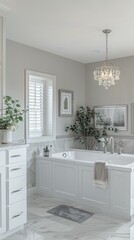 Canvas Print - Luxurious bathroom with marble floor tiles, a freestanding bathtub, and a crystal chandelier. AI.