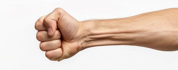 A man's arm is stretched out with his fist clenched. Concept of strength and determination