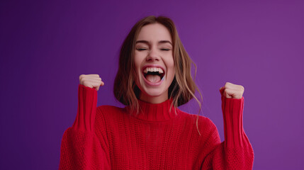 Photo of ecstatic lady shout loud yeah fist up raise win lottery isolated purple bright shine color background