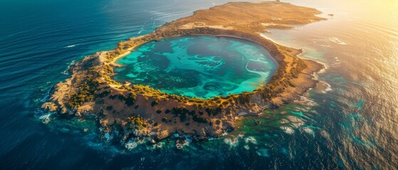 Poster - An aerial view of a small island with a sheltered bay. AI.