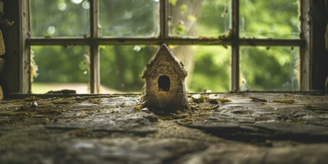 Wall Mural - A small, mossy birdhouse sits on a windowsill. AI.