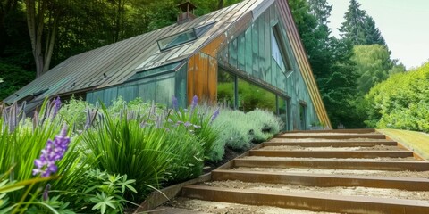 Poster - A modern house with a green roof and a wall of glass. AI.