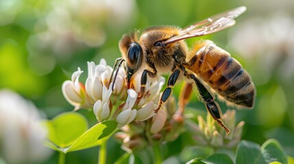 Poster - A bee pollinating a white clover flower. AI.