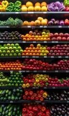 Wall Mural - Shelves stocked full of colorful fruits and vegetables at a grocery store. AI.