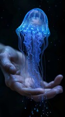 Sticker - Bioluminescent jellyfish in the palm of a person's hand. AI.