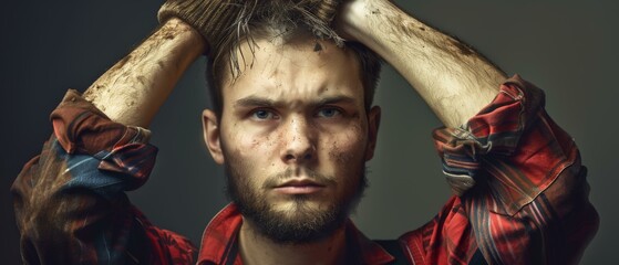 Wall Mural - Portrait of a young man with dirt on his face and a plaid shirt. AI.