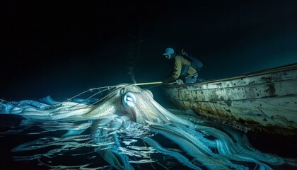 Wall Mural - A  squid caught by a fisherman. AI.