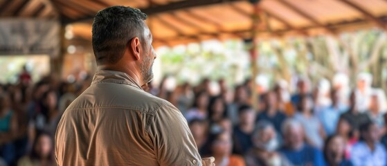 Poster - A man giving a speech at a conference. AI.