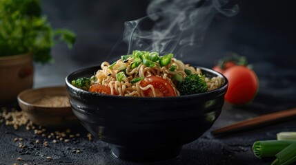 Wall Mural - A bowl of noodles with broccoli and tomatoes in it. Generate AI