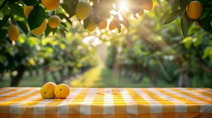 Yellow checkered tablecloth texture top view with abstract green bokeh from Marian plum garden or mango in summer morning background,space for text.