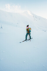 Wall Mural - Mountaineer backcountry ski walking ski alpinist in the mountains. Ski touring in alpine landscape with snowy trees. Adventure winter sport. Low Tatras, slovakia