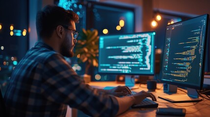 Poster - a software developer is engrossed in writing code on dual monitors, indicative of the concentration 