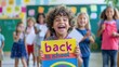 © Awan - High resolution photo of a school child, a small child with curly hair laughing broadly and feeling happy welcoming his first day of school while holding a colorful sign that says 'back to school'