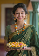 Poster - young indian woman holding sweet plate