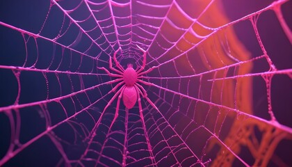 A large pink spider sitting at the center of a detailed web with intricate patterns and vibrant colors