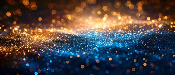 Poster - blue and yellow glitter background. Shiny metal or glass effect. 