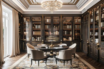 Luxury library interior with bookshelf.