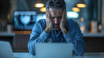 Poster - A man is sitting at a desk with a laptop in front of him. He is looking at the screen with a sad expression on his face