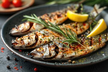 Grilled sardine fish served with with rosemary and lemon