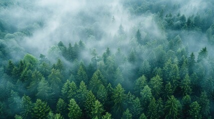 Wall Mural - Panoramic view of forest with morning fog, aerial spaces.