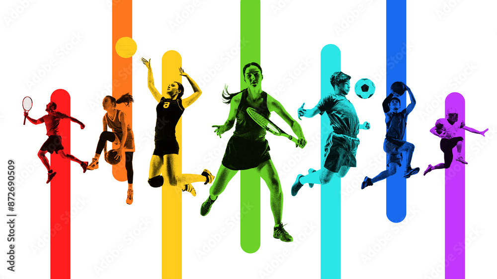Monochrome set with male and female athletes in motion, playing ...