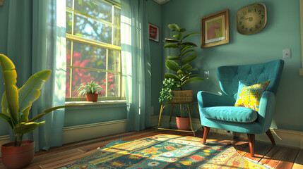 Bright living room with colorful accents, green plants, and natural lighting.