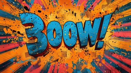 comics pop art style boom sign frame in bright colors, superhero party theme