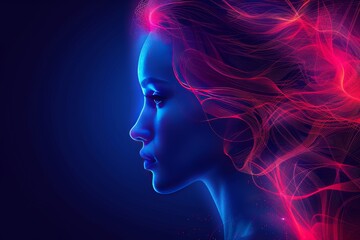 Poster - Futuristic digital artwork of a woman’s profile with neon light effects capturing a high tech and modern aesthetic in a dark setting