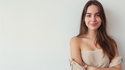 Portrait of confident beautiful redhead young woman smiling looking at camera with crossed arms. Copy space. Isolated on white background.