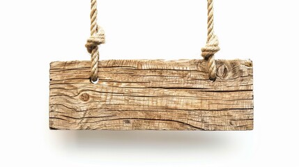 Wall Mural - Wooden sign suspended by a rope on a white background