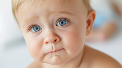 Wall Mural - A baby with blue eyes is looking at the camera. The baby has a frown on its face