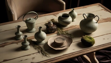 Still life with teapot and cup on the wooden table. Vintage lifestyle concept