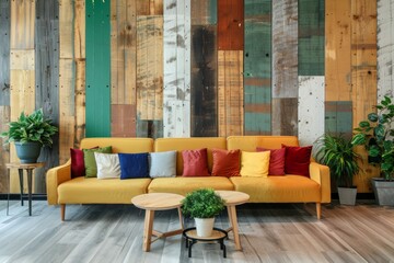 Interior of modern living room with yellow sofa and colorful pillows