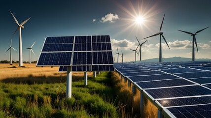 Renewable Energy Solutions Harnessing Nature's Power, Illustrate renewable energy solutions with an image showing solar panels, wind turbines.