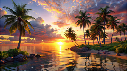 Wall Mural - Tropical sunset with palm trees by the beach