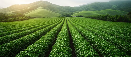 Green Rows of Crops in a Rolling Hills Landscape
