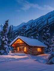 Wall Mural - A cozy log cabin nestled in the snow-covered mountains of Alaska, illuminated by warm lights from inside